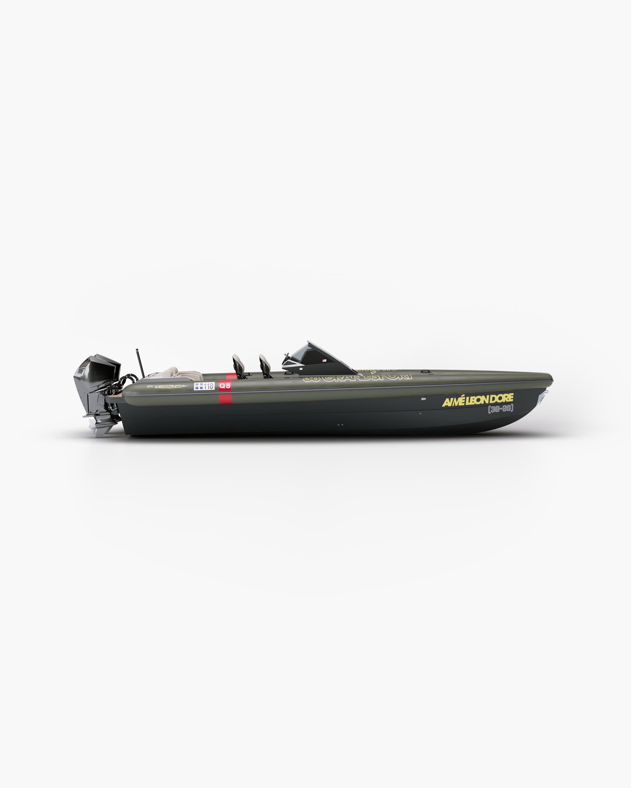Side view render of the Aimé Leon Dore and Technohull speedboat on a white background