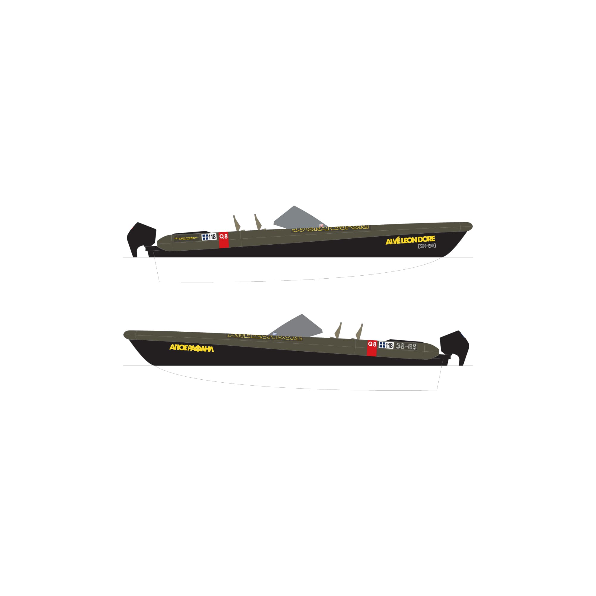 Technical side elevation renders of the Aimé Leon Dore and Technohull speedboat