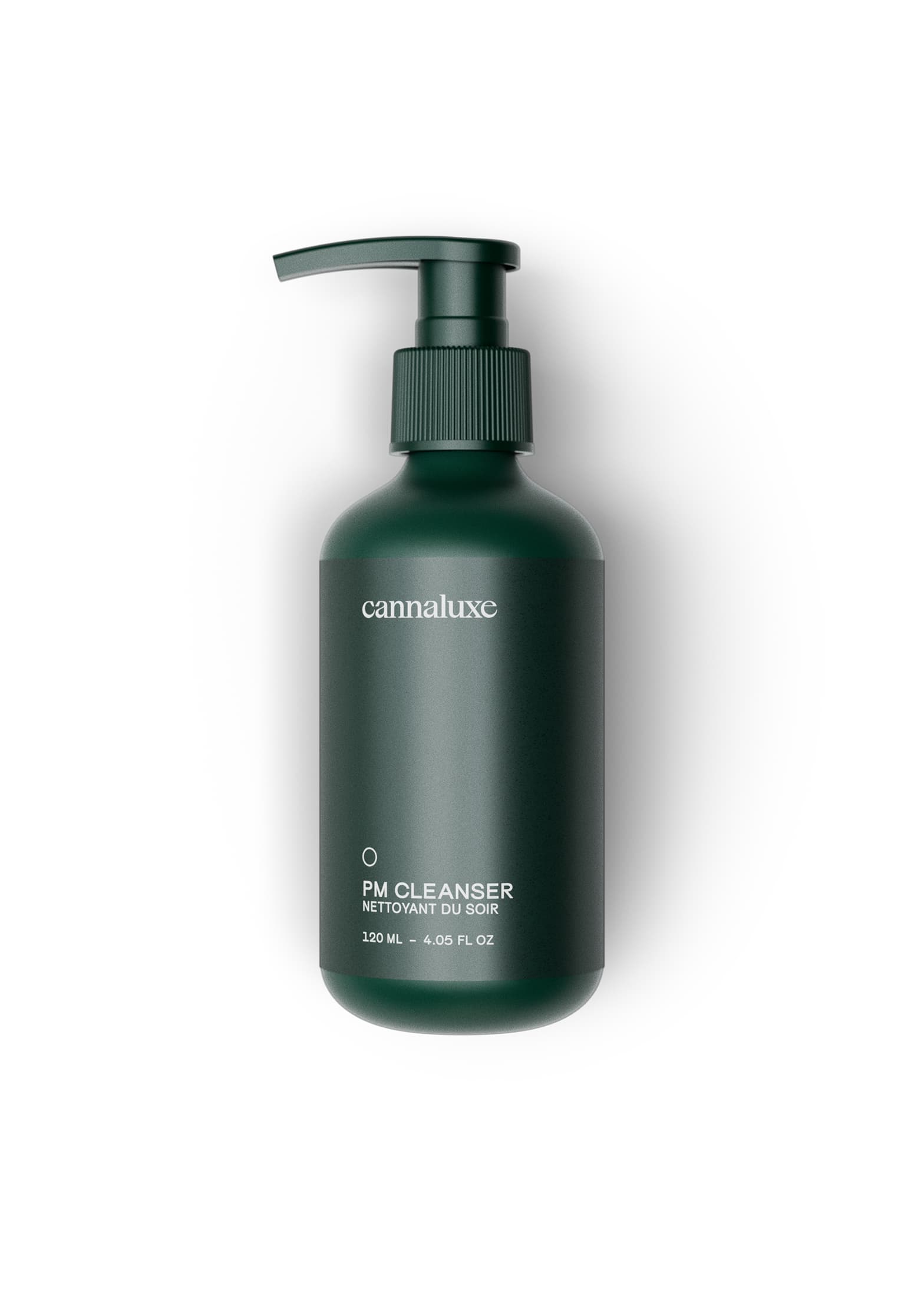 Cannaluxe skincare bottles arranged on a white background in a straight-line layout