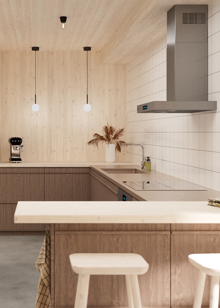 Open-plan kitchen and dining area in light wood and concrete with custom cabinetry