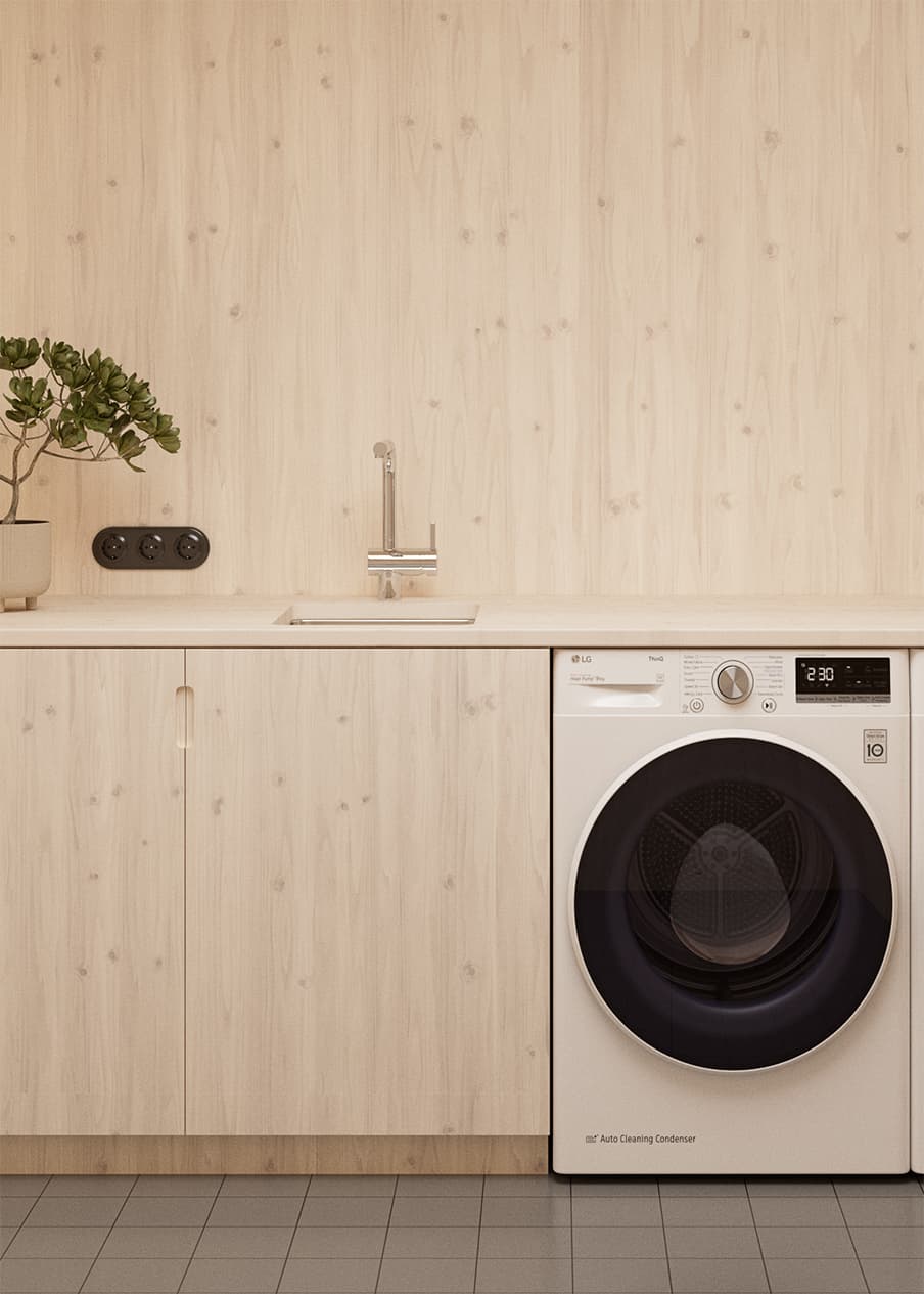 Detail view of kitchen island and bar seating, with graphic yellow wall poster