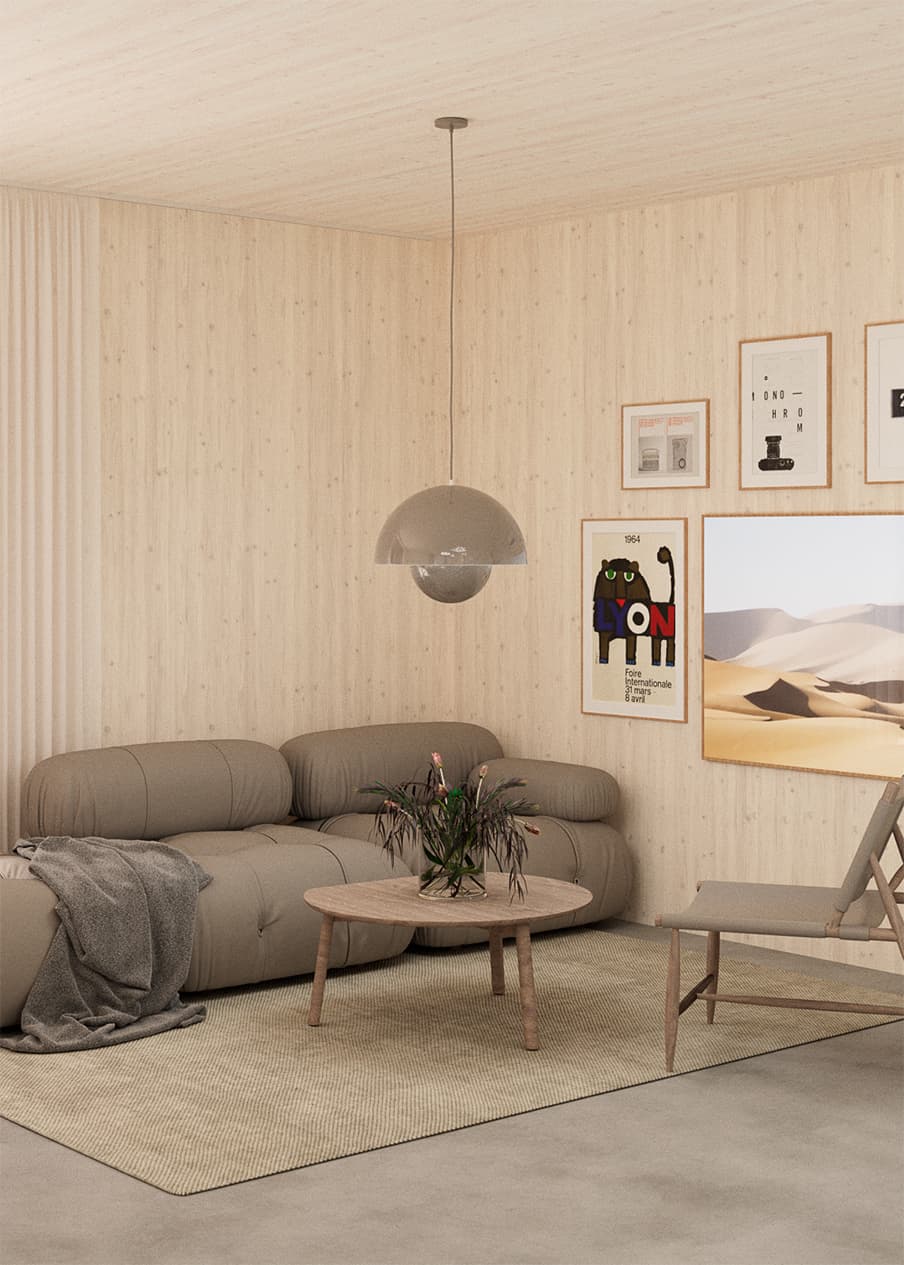 Detail view of kitchen island and bar seating, with graphic yellow wall poster