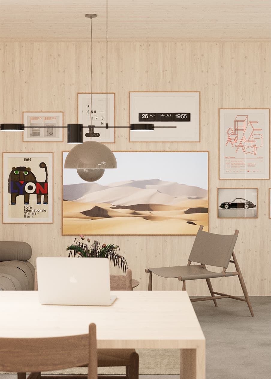 Detail view of kitchen island and bar seating, with graphic yellow wall poster