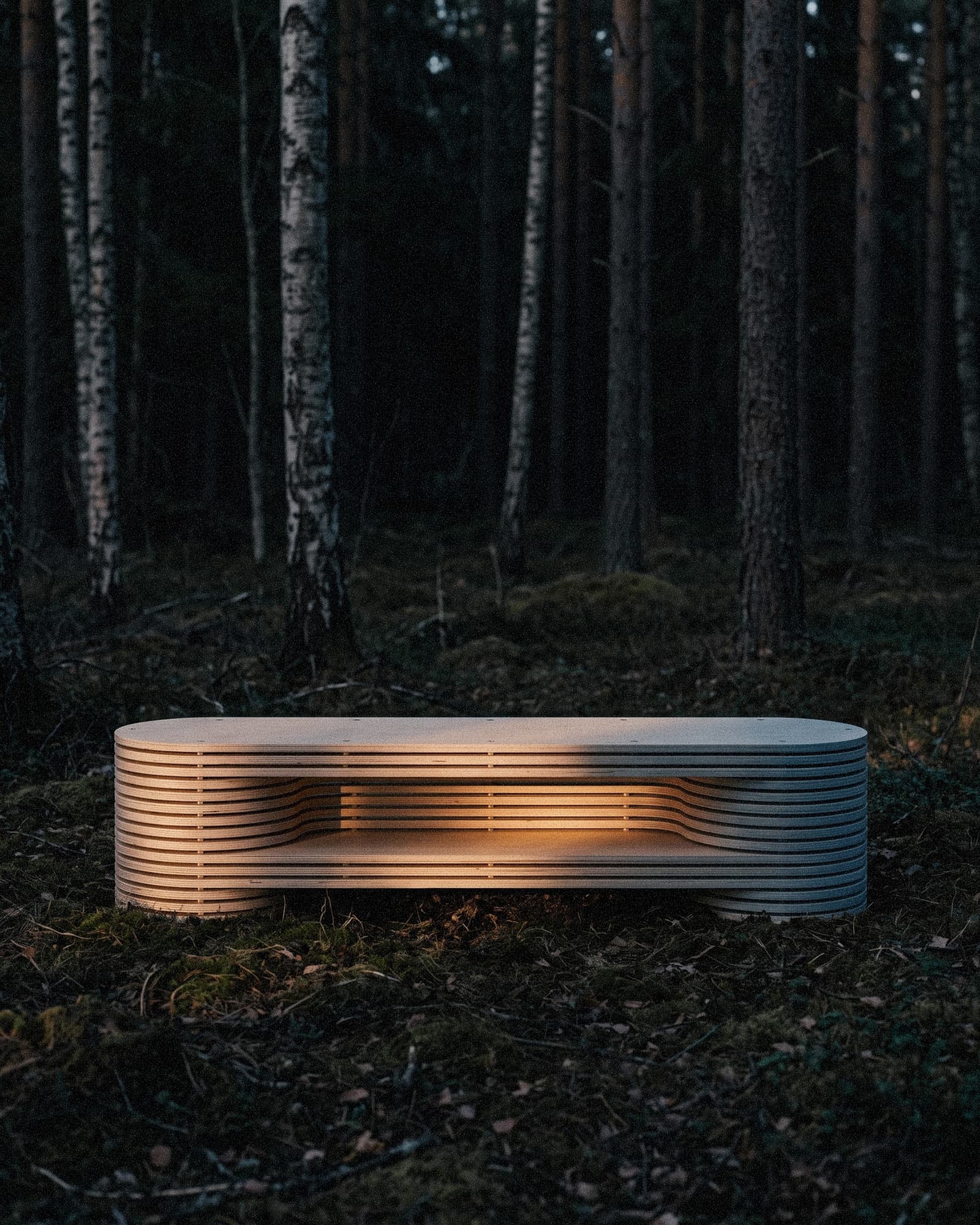 Laminar 01 modular plywood seat in an editorial forest setting