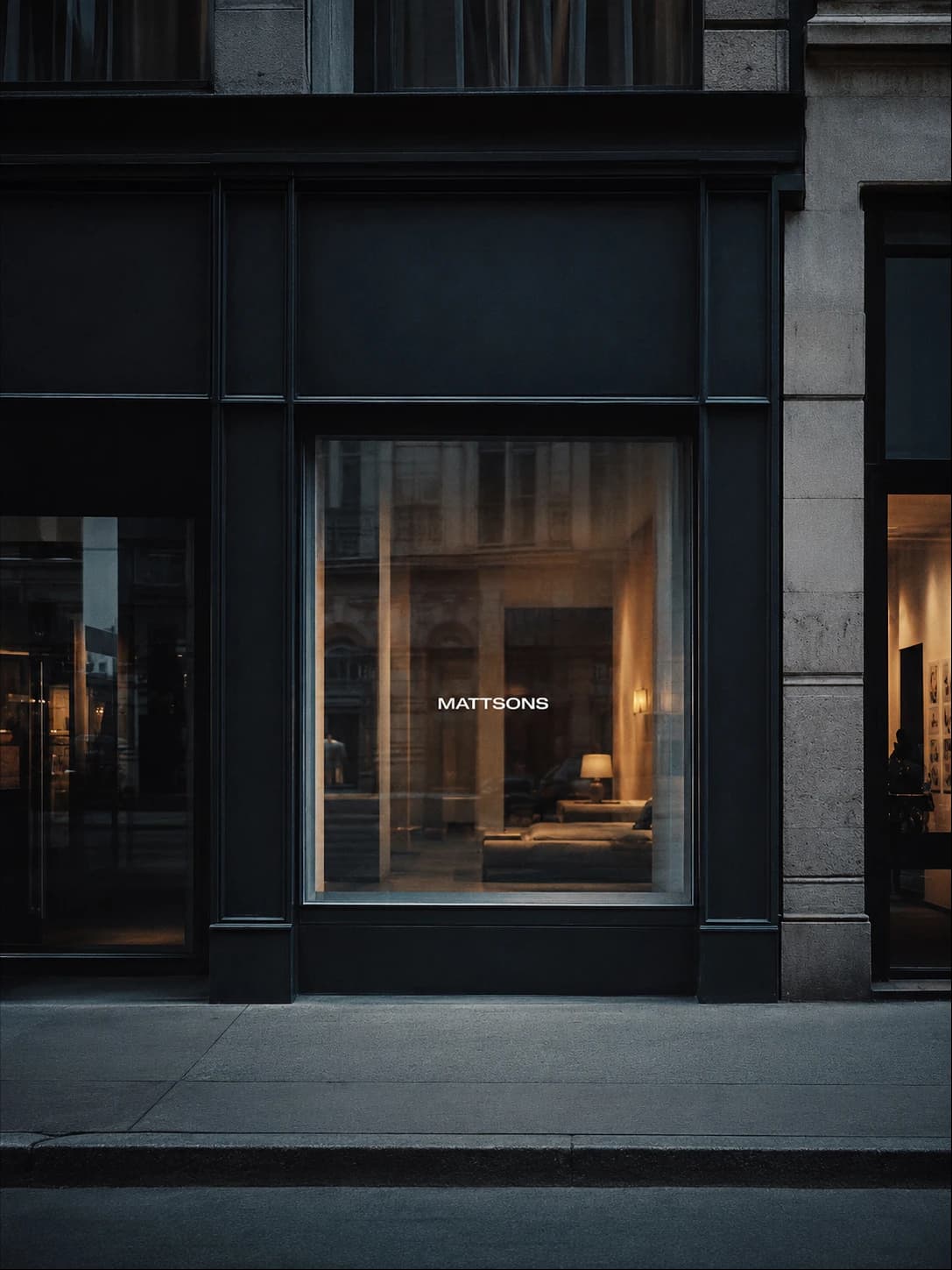 Mattsons storefront at dusk with warm light in the window