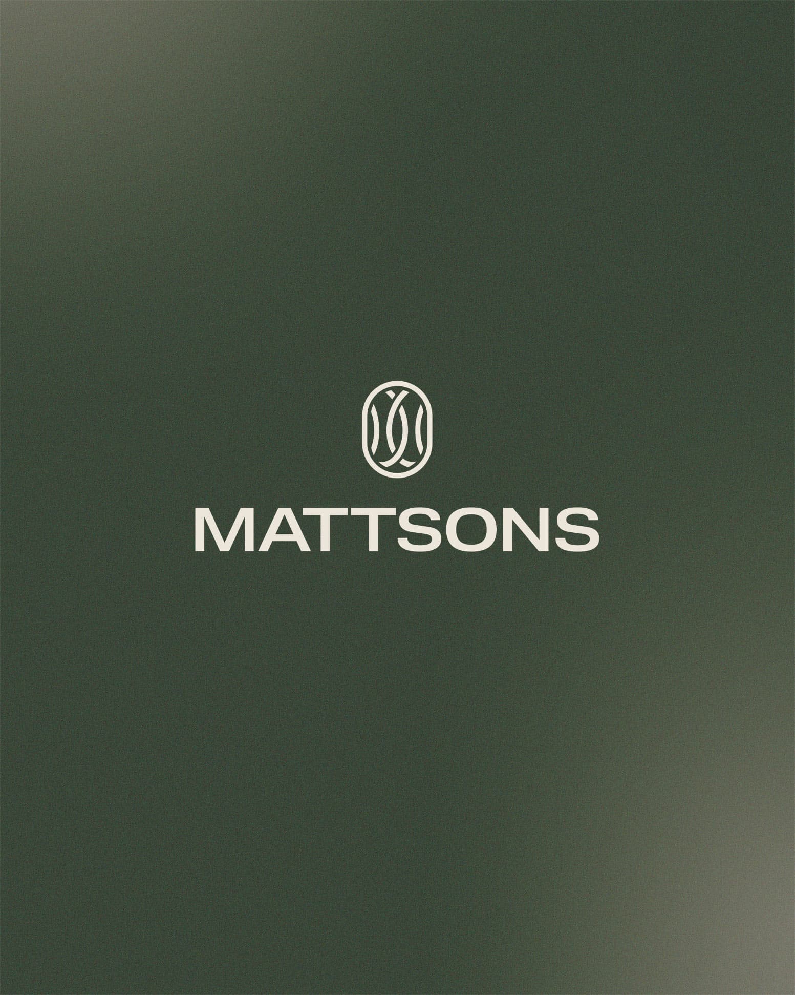 Mattsons wordmark set in Lateral Extended beneath the two-oval monogram, in off-white on a deep forest green field