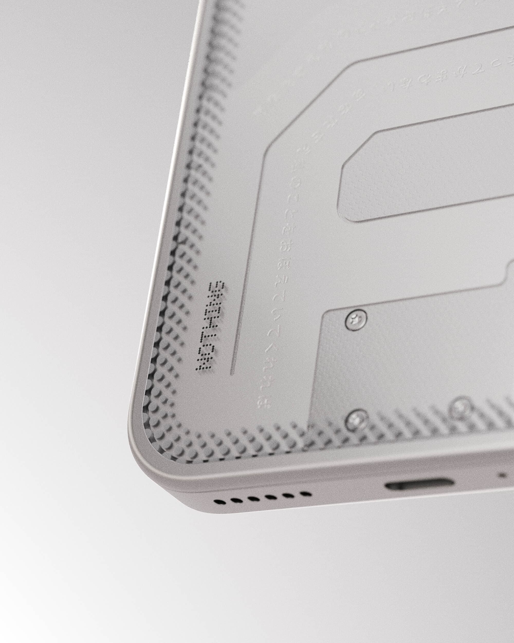 Rear view of concept phone showing circuit-inspired engraving and translucent paneling