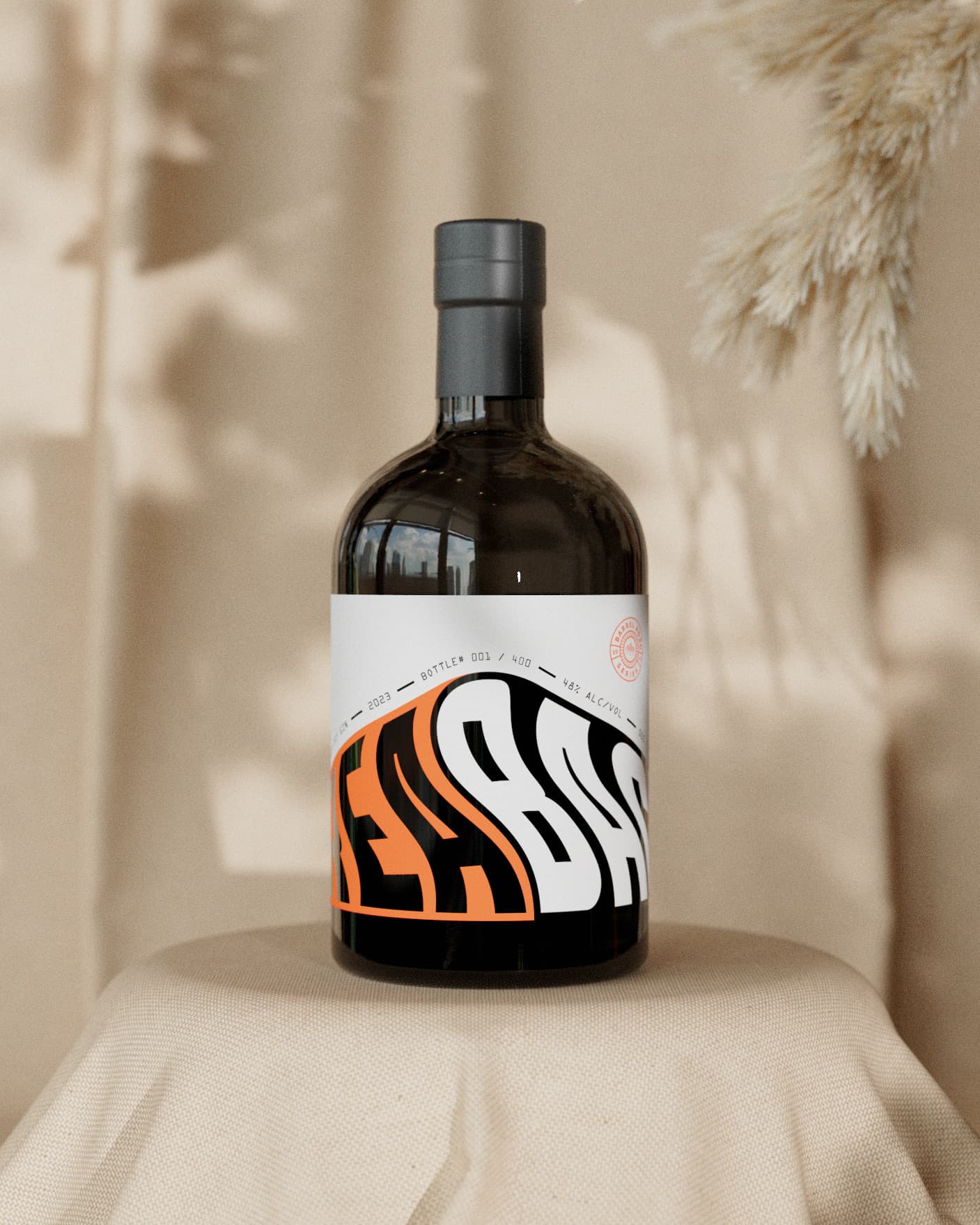 Skrea Backe limited edition gin bottle in dark glass with a distorted orange and white wordmark