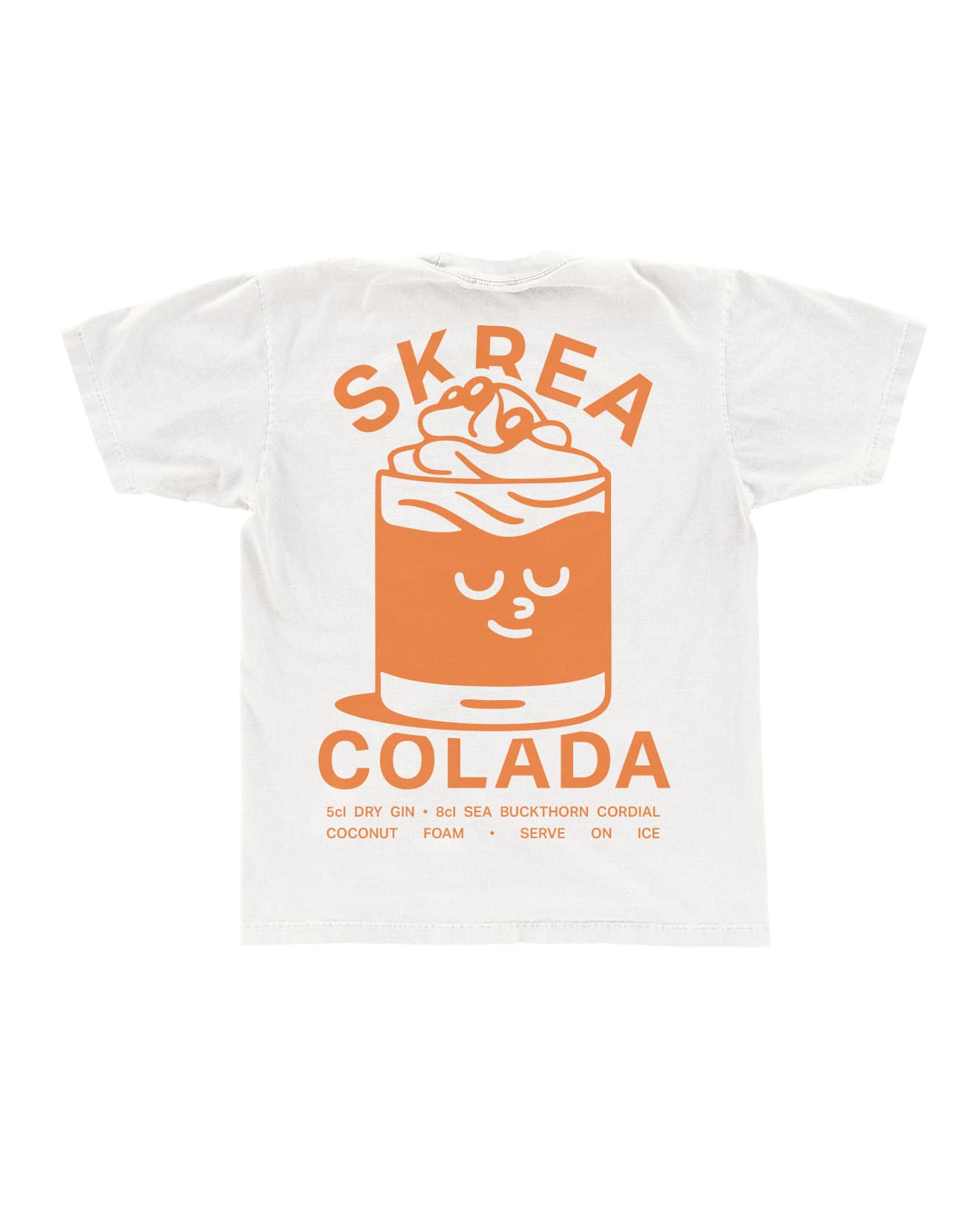 White tee printed with the Skrea Colada character and recipe in orange