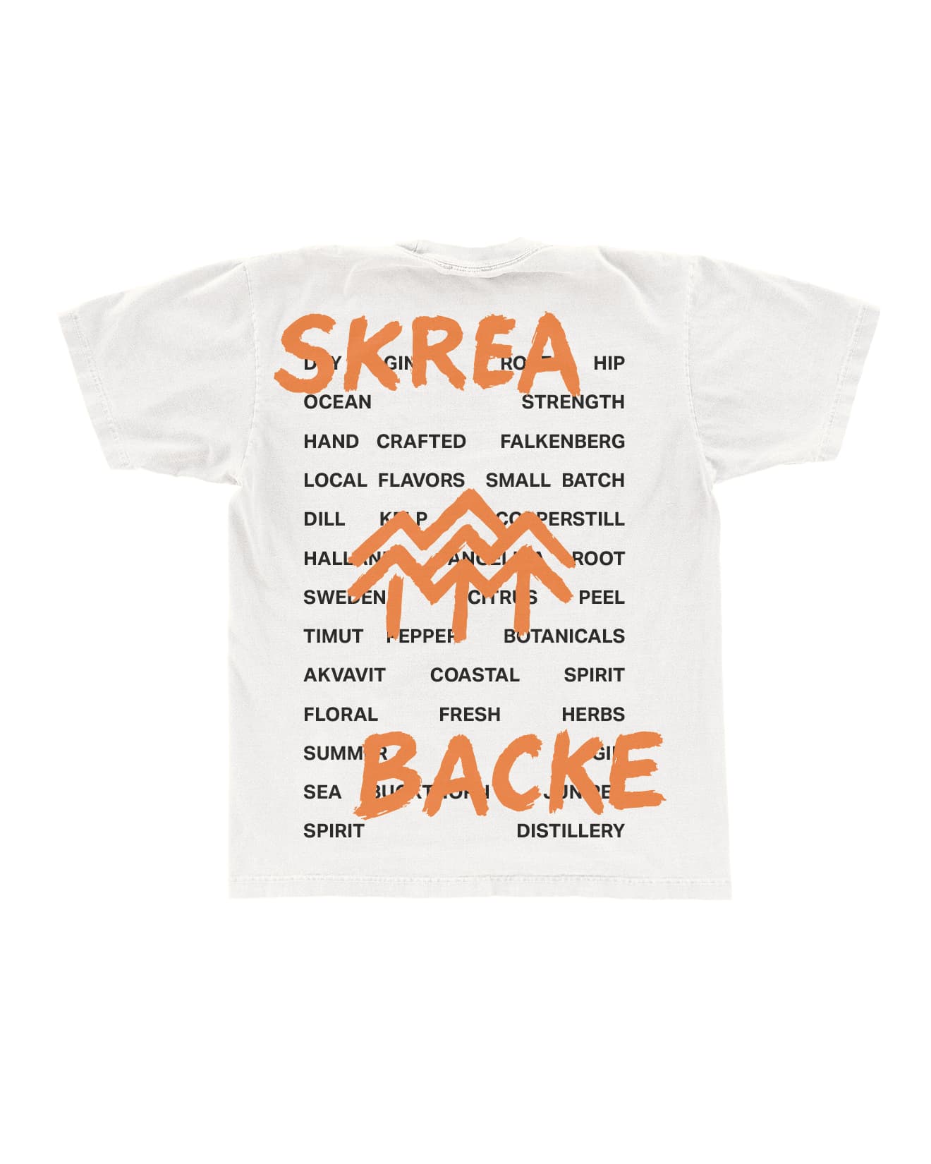 White tee printed with the Skrea Backe wordmark surrounded by a block of distillery terms in orange