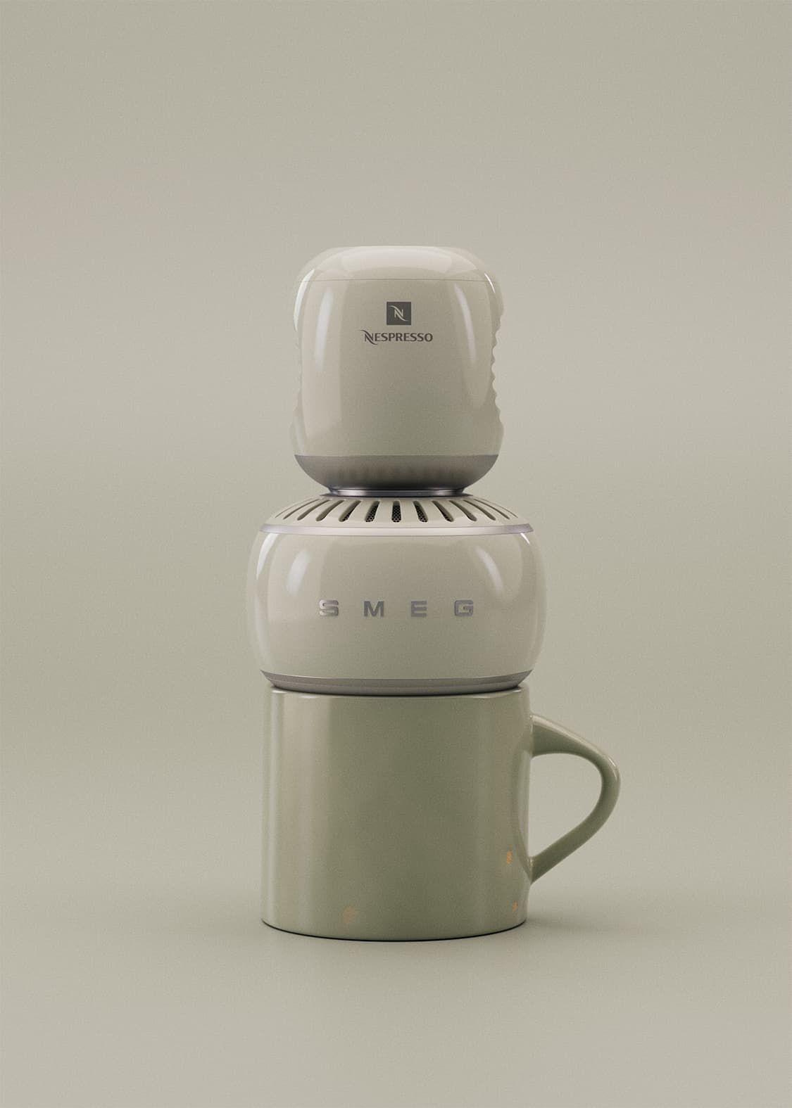 Lineup of modular espresso machines showing vertical assembly with matching cups