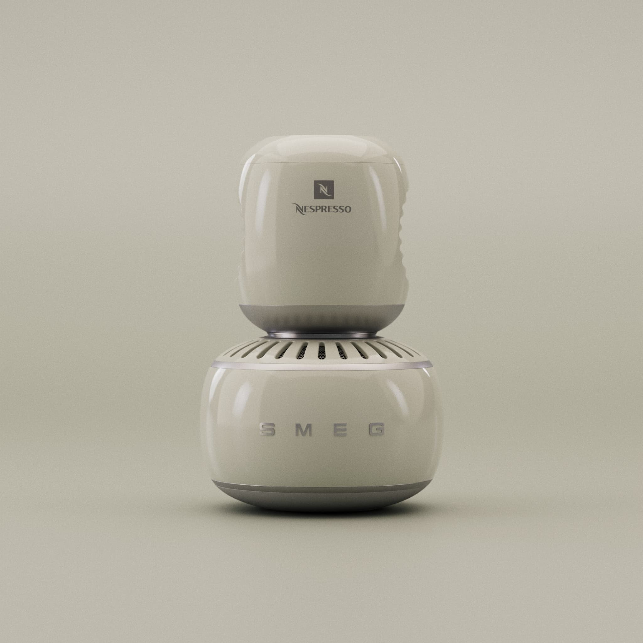 Stacked Smeg x Nespresso concept machine with ceramic cup, minimalist studio backdrop